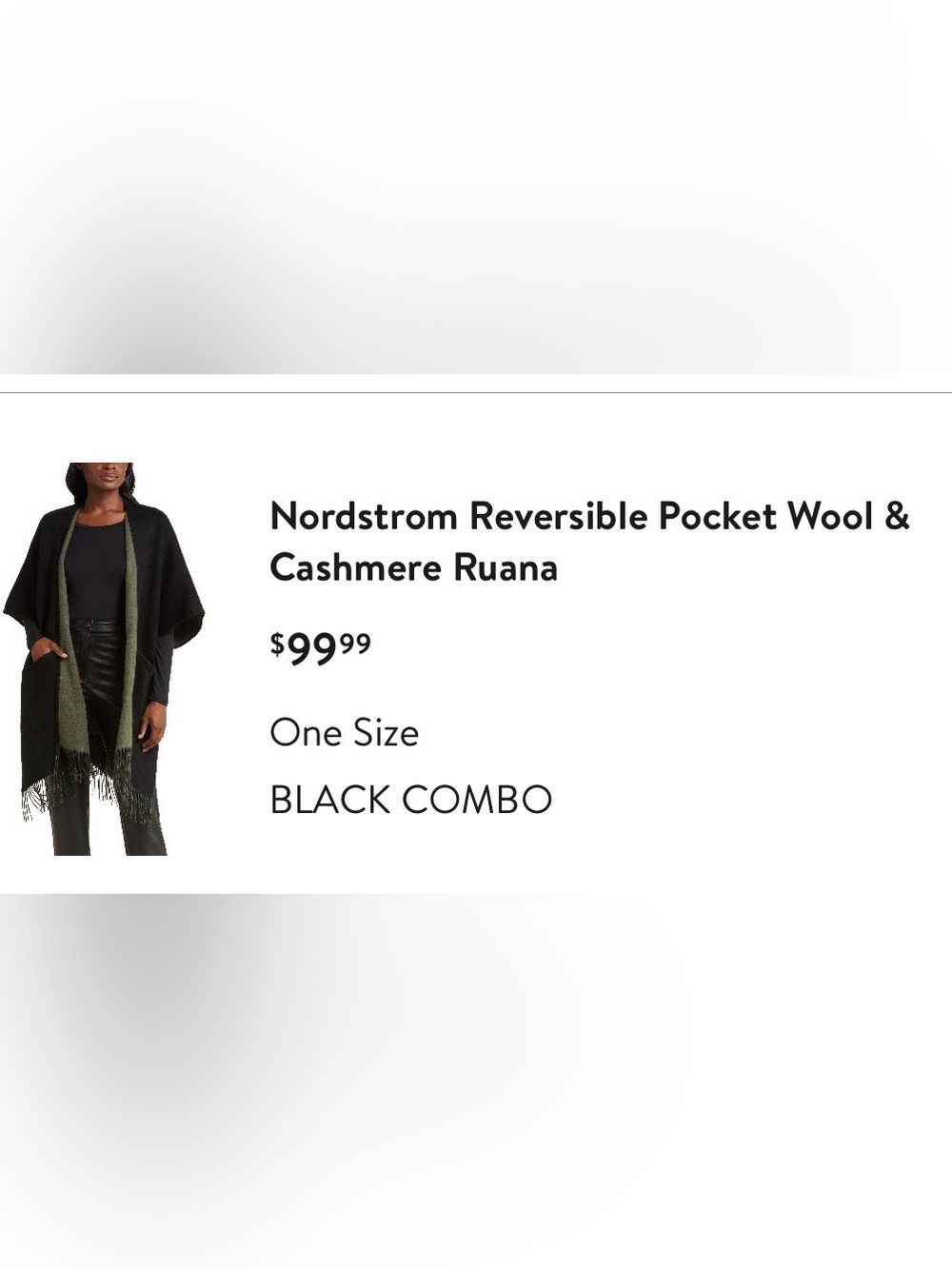 Nordstrom Reversible Pocket Wool and Cashmere Ruana  Black & Olive Green